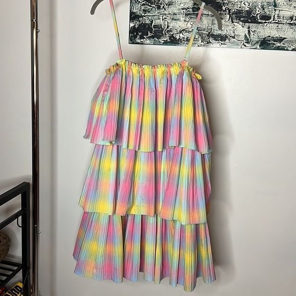Anthropologie Beatrice B Rainbow Tiered Mini Dress Pleated Square Neck - Picture 4 of 5